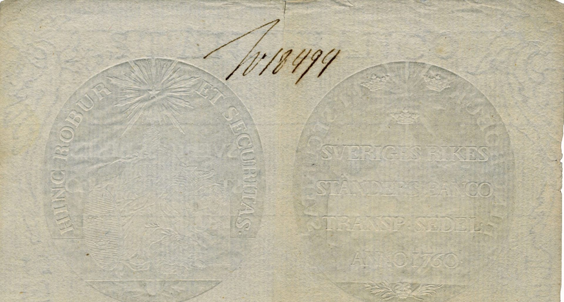 En sedel med texten "Sveriges rikes ständers Banco Transp sedel Anno 1760.