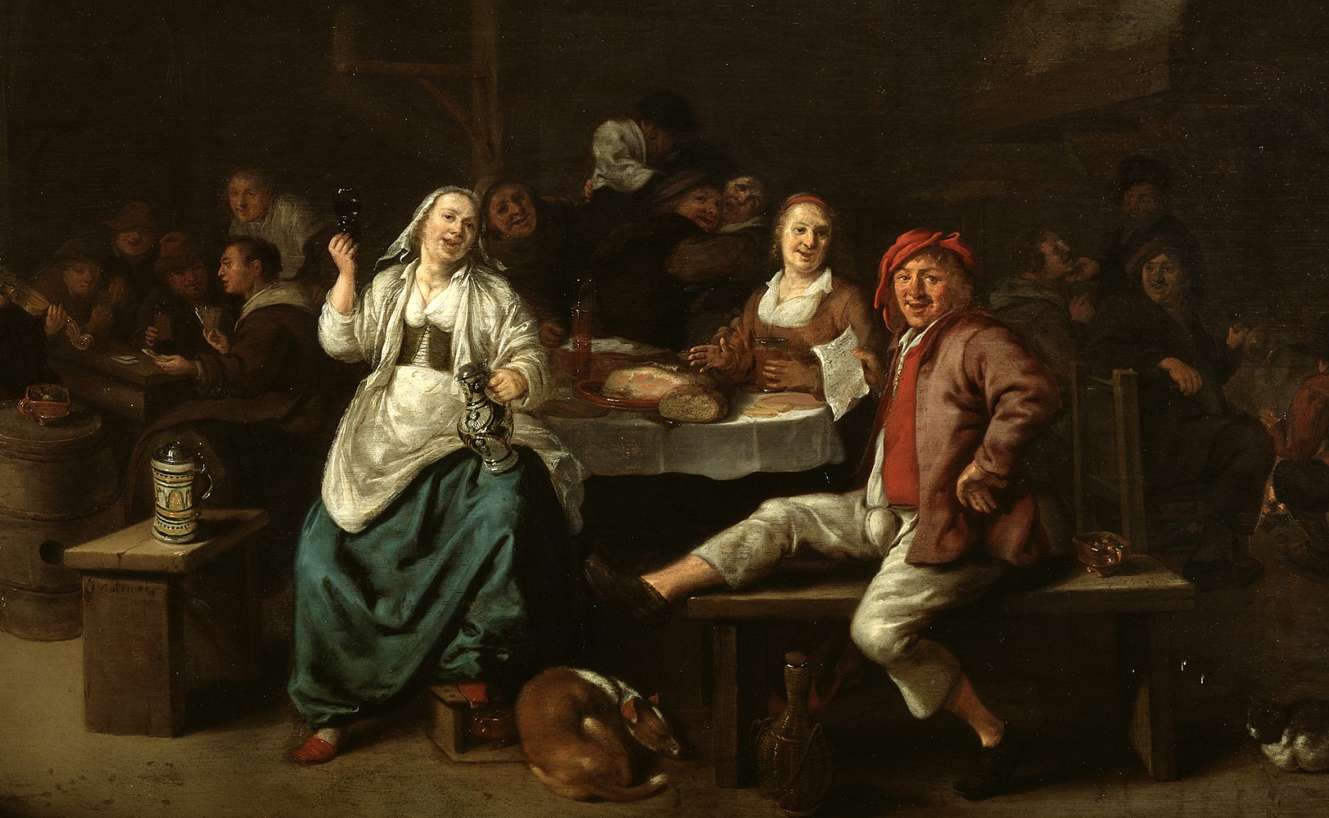 Oil painting of people in 17th century clothing in a tavern. 