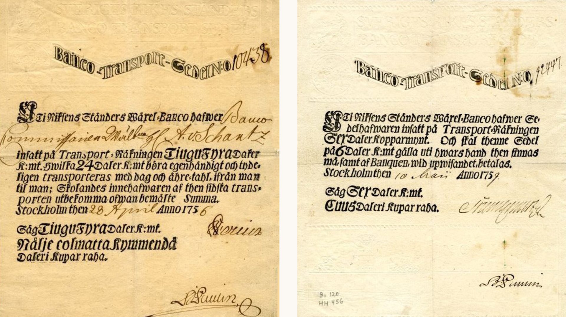 Två dokument med tryckt och handskriven text.
