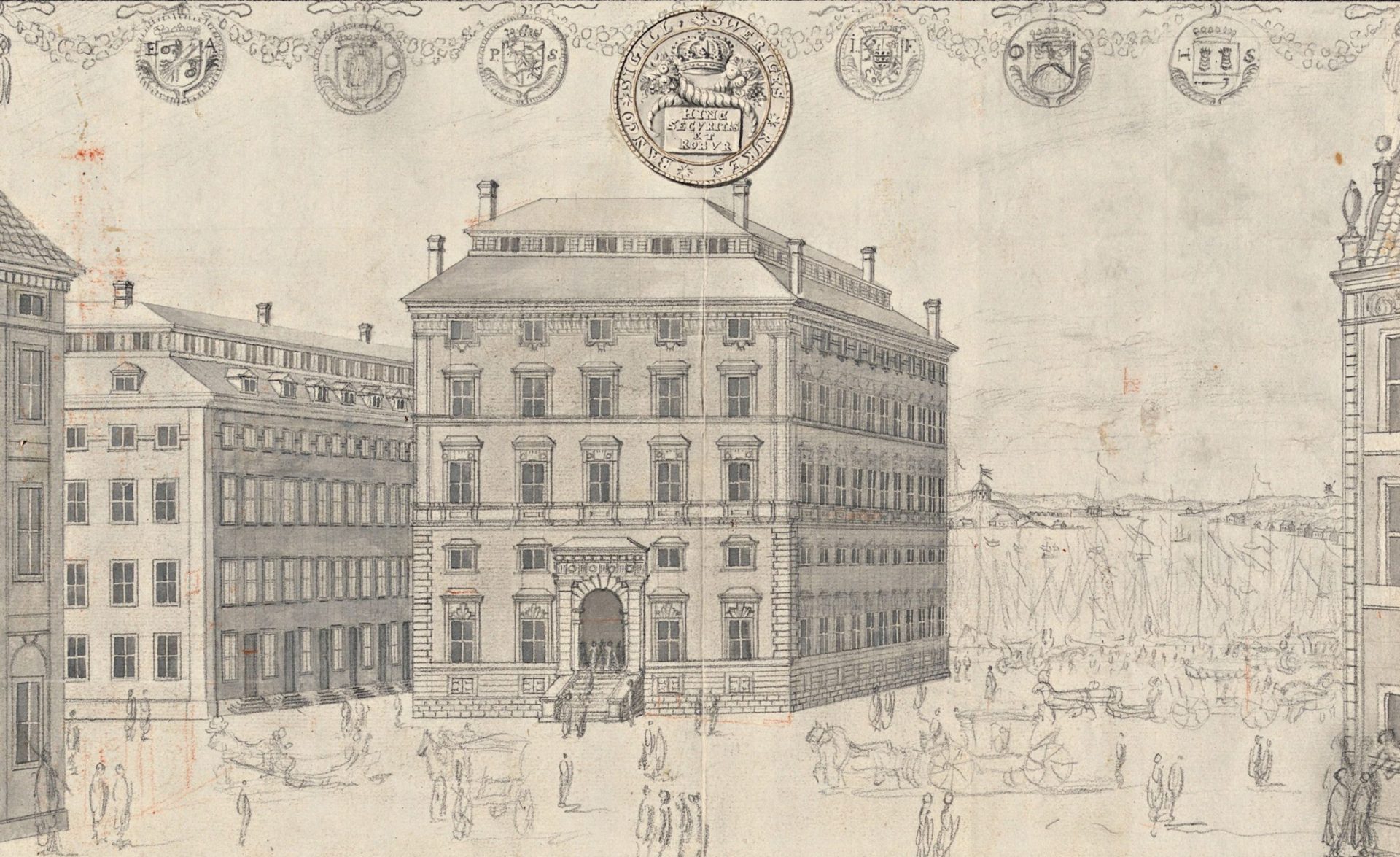 Tecknad bild av Riksbankshuset vid Järntorget i Gamla Stan.