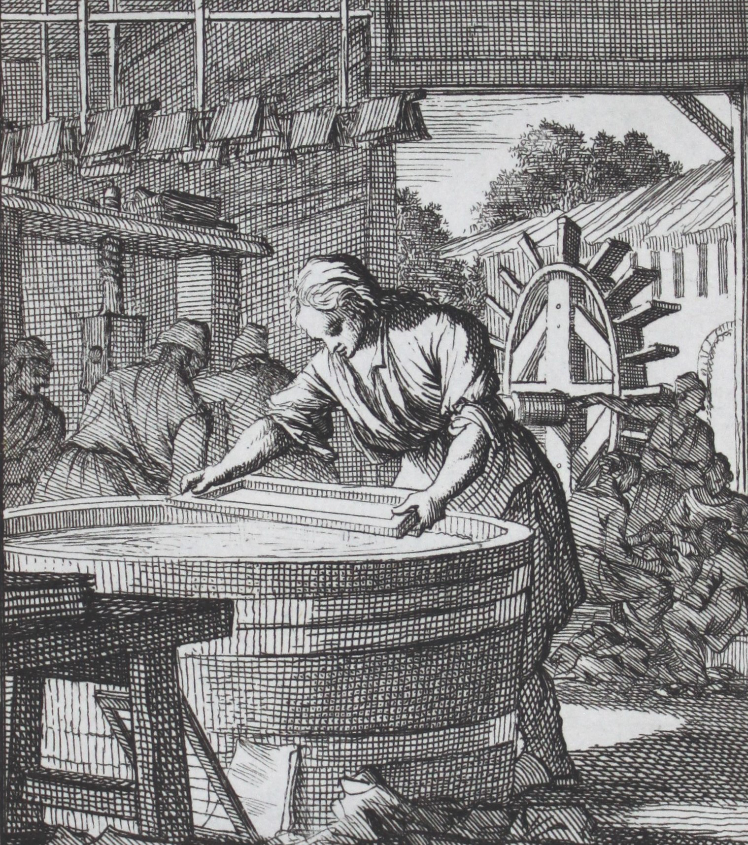 Drawing of man making paper. 