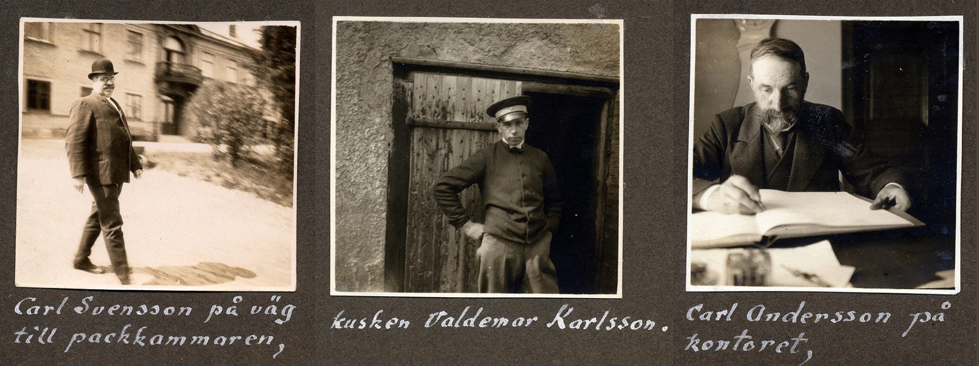 Three old photos: a man with a bowler hat walking, a young man standing in a doorway and an older man writing in a ledger.