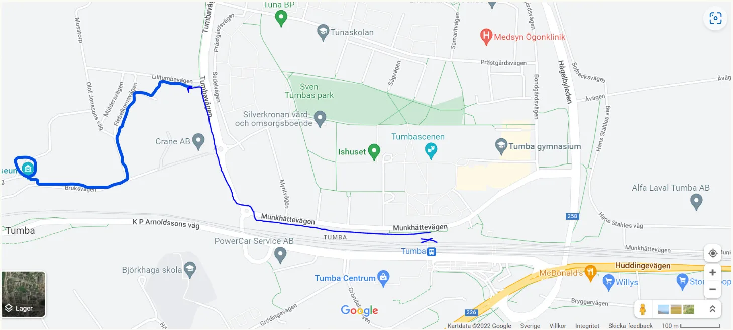 Map showing walking path from Tumba commuter rail station to Tumba Paper Mill Museum